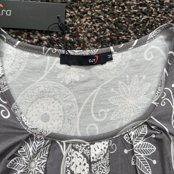 DJT FASHION (M) Gray White Paisley Floral Print Pleated Tee Scoop Blouson Top - Picture 6 of 11